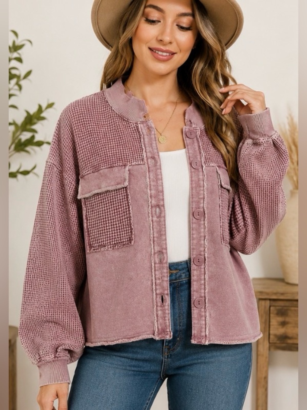 Love Lola Button Front Waffle Knit Shacket Mauve Pink Size Large NWOT Oversized
